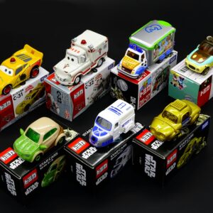 Vibrant display of die-cast toy cars from popular franchises like Star Wars and Disney.